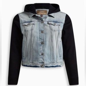 Torrid Denim Knit Sleeve Hooded Trucker Jacket